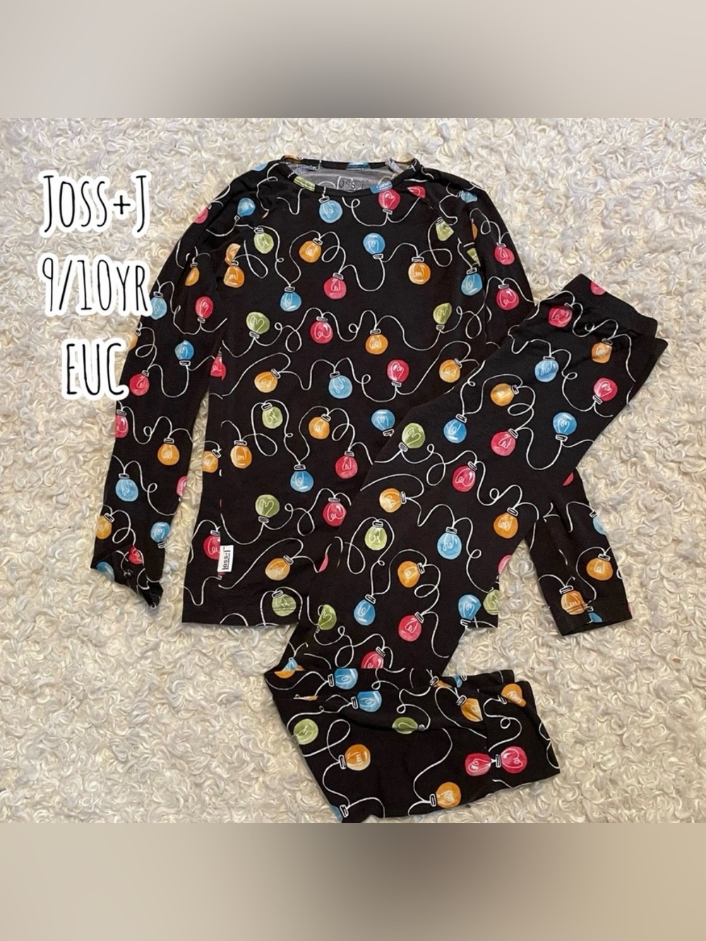 Joss J Holiday Christmas Lights Bamboo Pajamas Set Size 9/10Y EUC Black Colorful